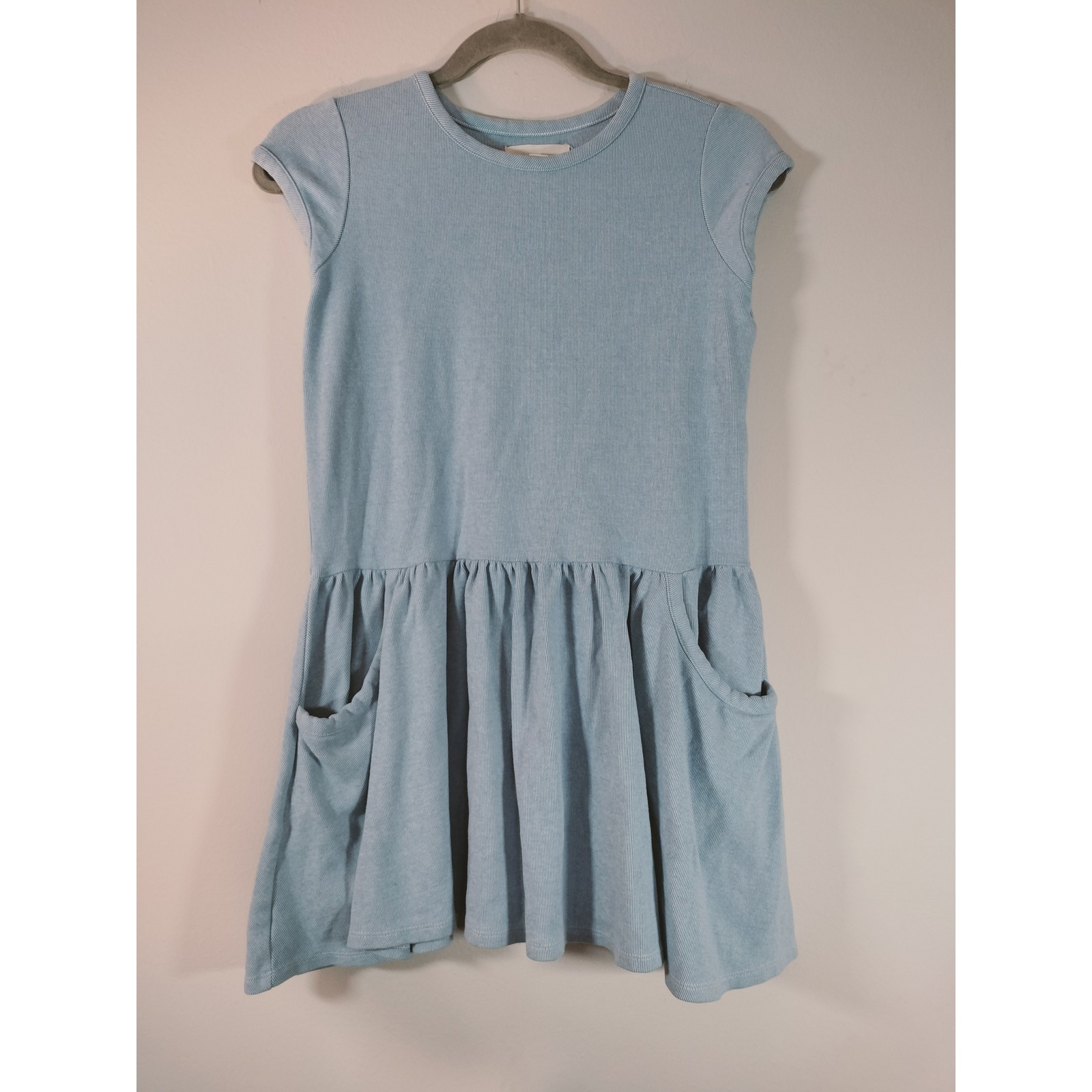Mabel + Honey Girls Blue Ribbed Cotton Drop Waist Dress W/Pockets